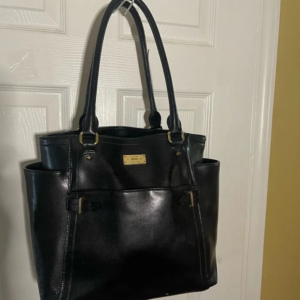 Lauren Ralph Lauren Black Leather Shoulder Bag with gold tone accents
